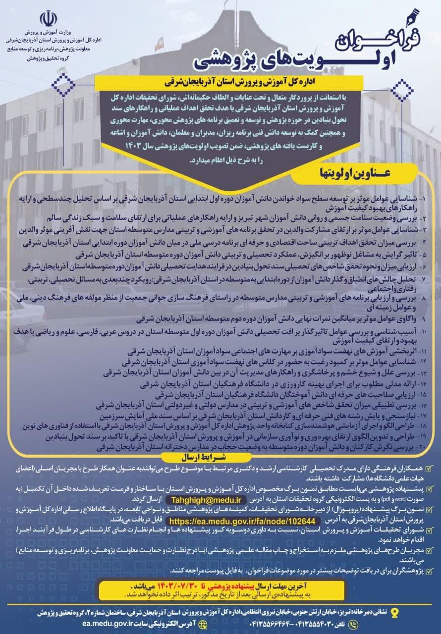 فراخوان عناوین اولویت های پژوهشی آموزش و پرورش -استان آذربایجان شرقی در سال 1403